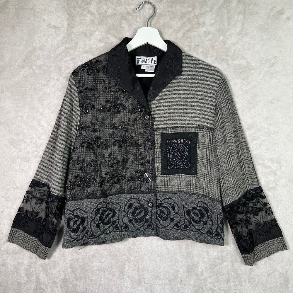 Vtg Faith Blazer Top Large Art to Wear Patchwork Floral Sequins Beads Sheer Lace